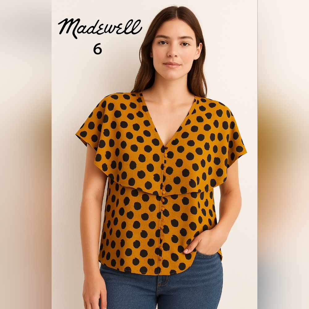 Madewell Women’s Mustard Yellow Polka Dot Flutter Sleeve Blouse Size 6